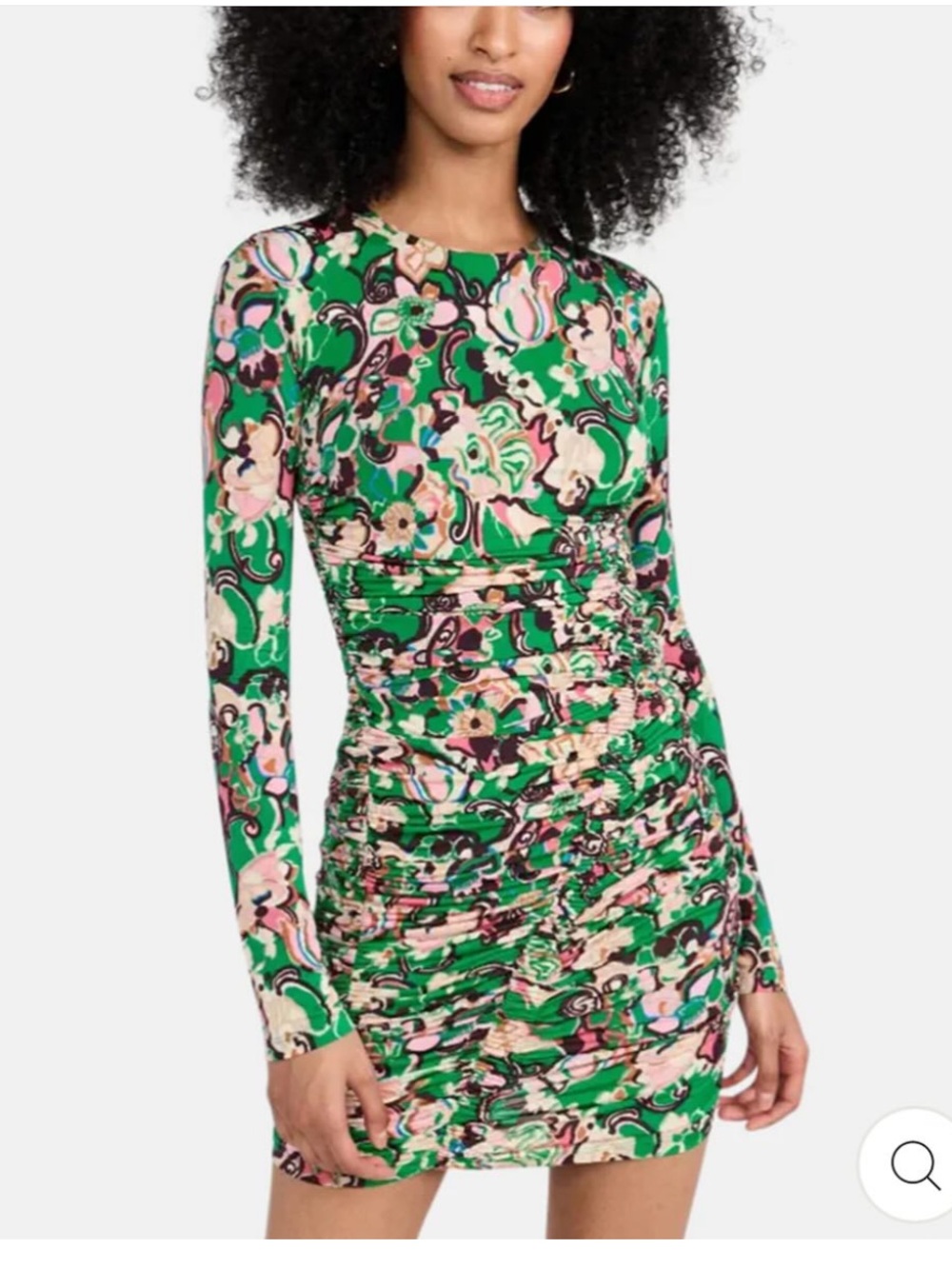A.L.C. Green Floral Long-Sleeve Ruched Mini Dress